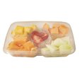 Fresh fruit tray with pineapple, cantaloupe, honeydew, and strawberries in ready-to-serve container for a healthy snack or catering option